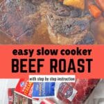 A slice of slow-cooked beef roast covered in gravy on a plate.