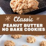 A stack of soft, chewy peanut butter no bake cookies on a plat