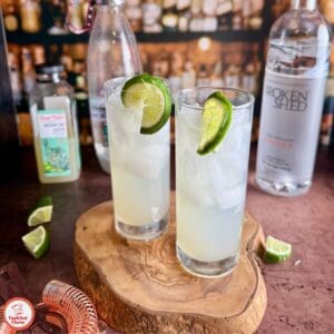 A tall glass of vodka and lime cocktail with ice and mint garnish.