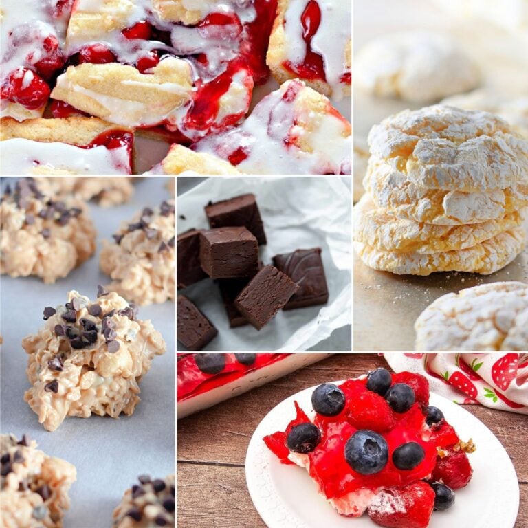 A variety of desserts including a stack of lemon cookies, berry pie, no-bake cookies and chocolate fudge.