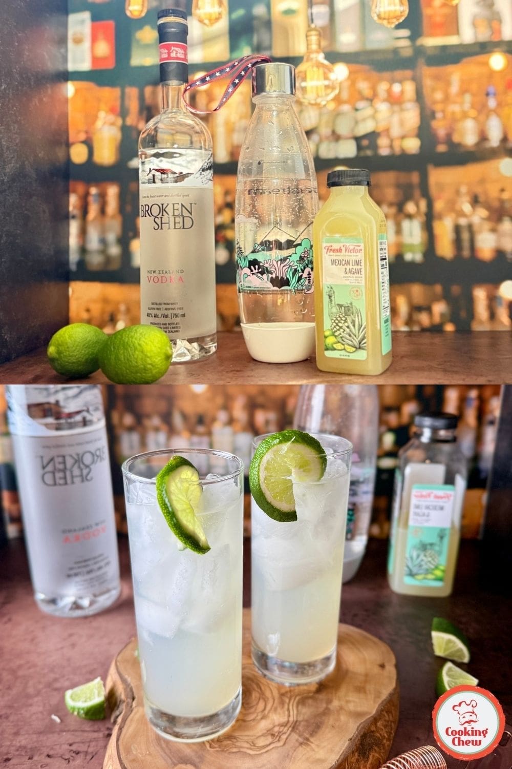 A chilled glass of lime vodka cooler with ice, fresh lime slices, and mint garnish.
