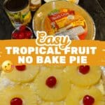A vibrant, creamy tropical fruit pie topped with fresh pineapple and coconut.