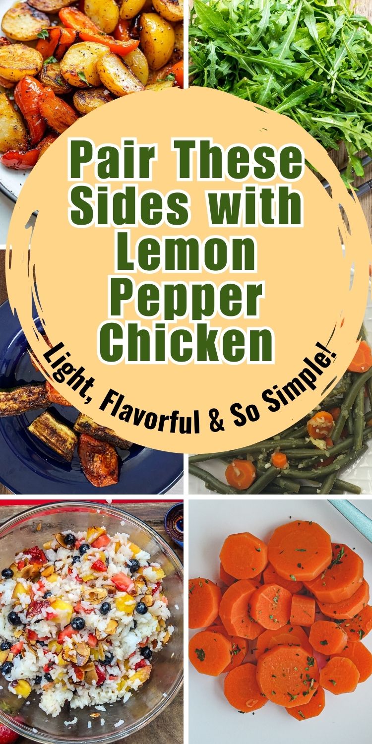 Roasted potatoes and peppers, arugula salad, green beans with carrots and a fruity rice salad, all sides for lemon pepper chicken.
