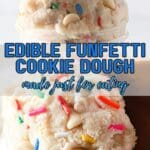 A spoonful of homemade edible cookie dough with colorful sprinkles