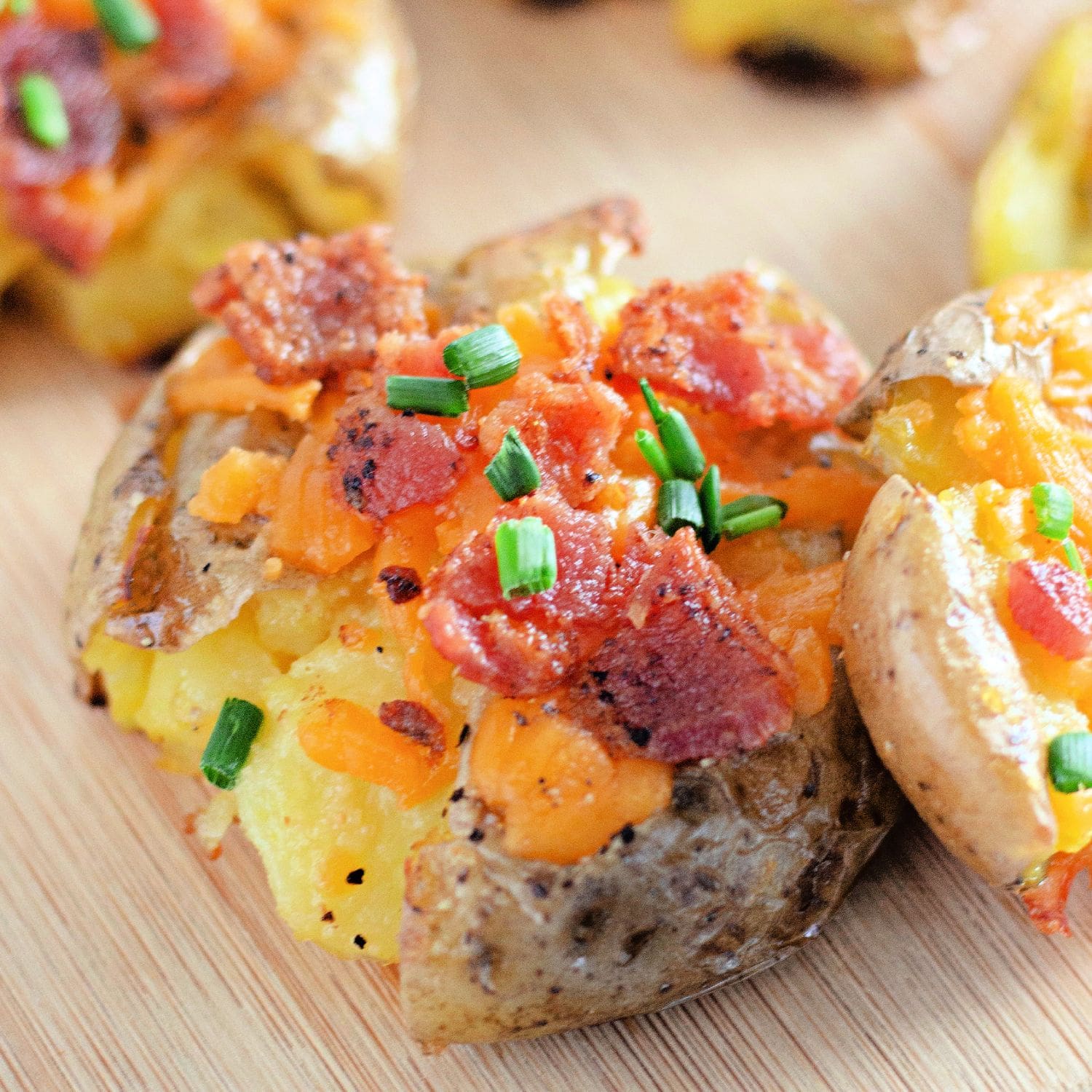 Crispy Smashed Potatoes with Melted Cheese & Bacon