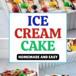 Layered ice cream cake made with ice cream sandwiches, whipped topping, and fudge.