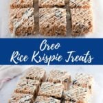 Stack of no-bake Oreo dessert bars with crispy rice cereal.