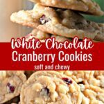 A pile of chewy cranberry white chocolate chip cookies.