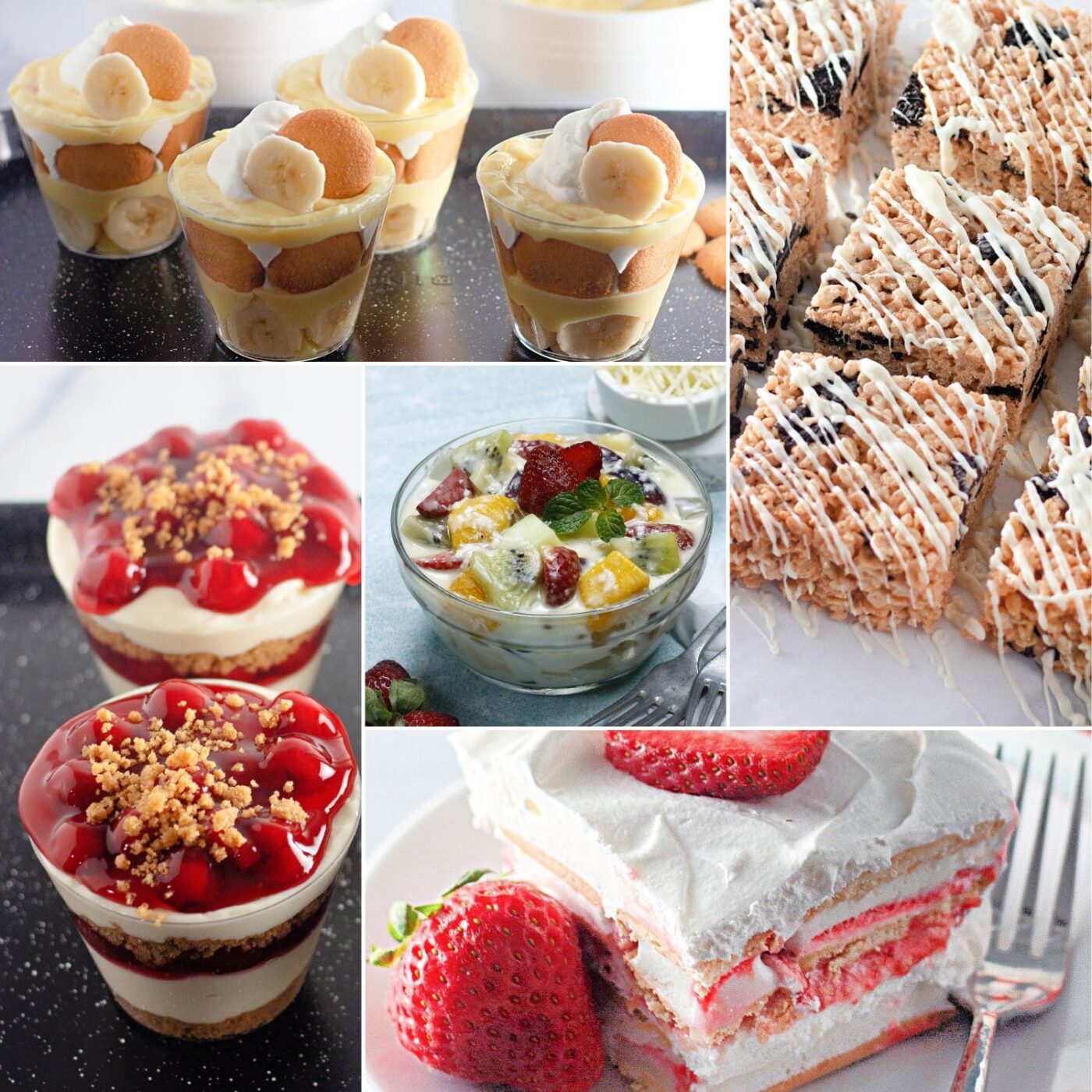 A variety of no-bake summer desserts including fruit parfaits, creamy pies, and chilled bars arranged on a picnic table.