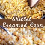 Close-up of creamy corn cooked on the stovetop in a skillet.