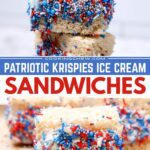 A close-up of a homemade Rice Krispies ice cream sandwich with melting ice cream.