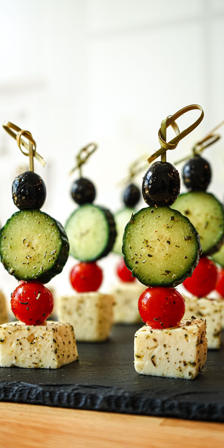 Fun and easy mini Greek salad skewers recipe.