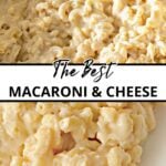 A close-up of cheesy, homemade mac and cheese in a pot.