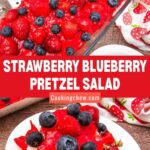 A serving of Strawberry Blueberry Pretzel Salad on a plate.