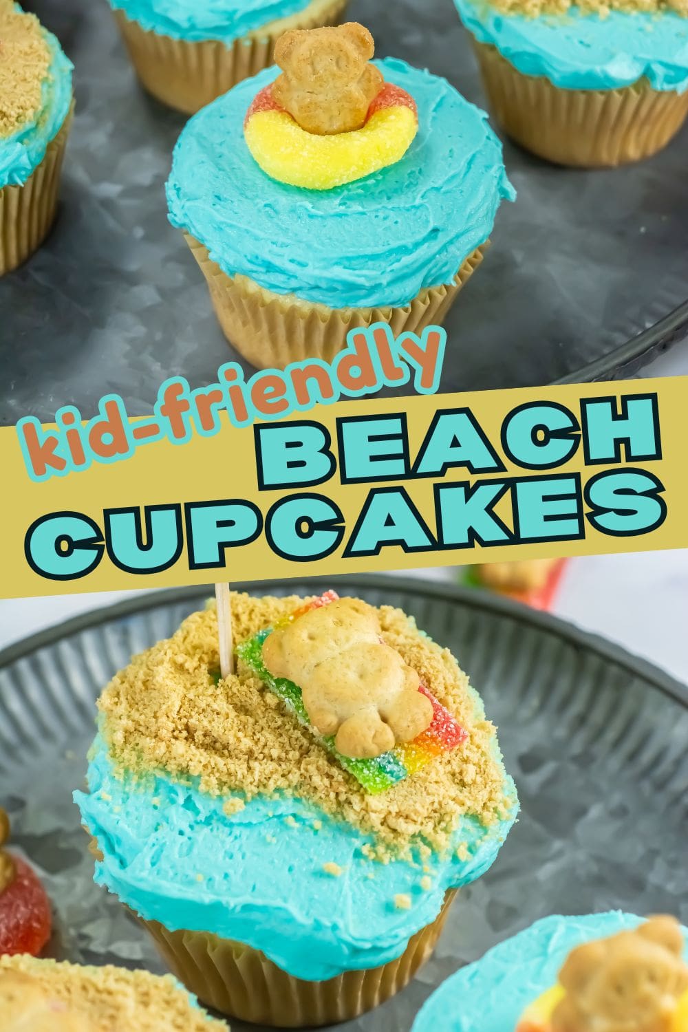 Cupcakes decorated with Teddy Grahams and peach rings on top of blue frosting.