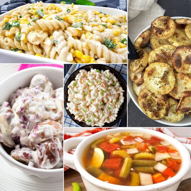 A vibrant spread of various summer BBQ side dishes on a picnic table.