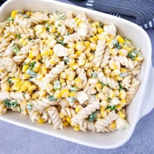 A clear, detailed image of a single portion of Mexican street corn pasta salad, suitable for a recipe card.