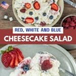 A vibrant bowl of red, white, and blue cheesecake salad with fresh berries.