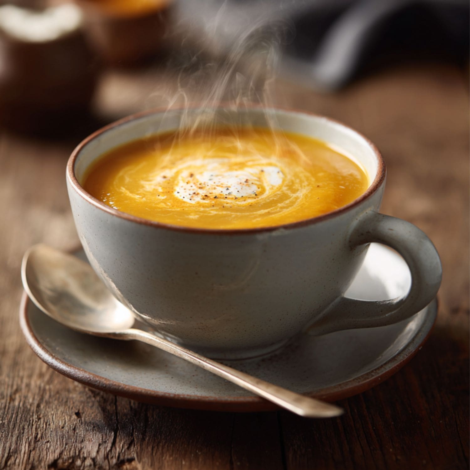 Warm bowl of creamy pumpkin soup topped with herbs and a swirl of cream