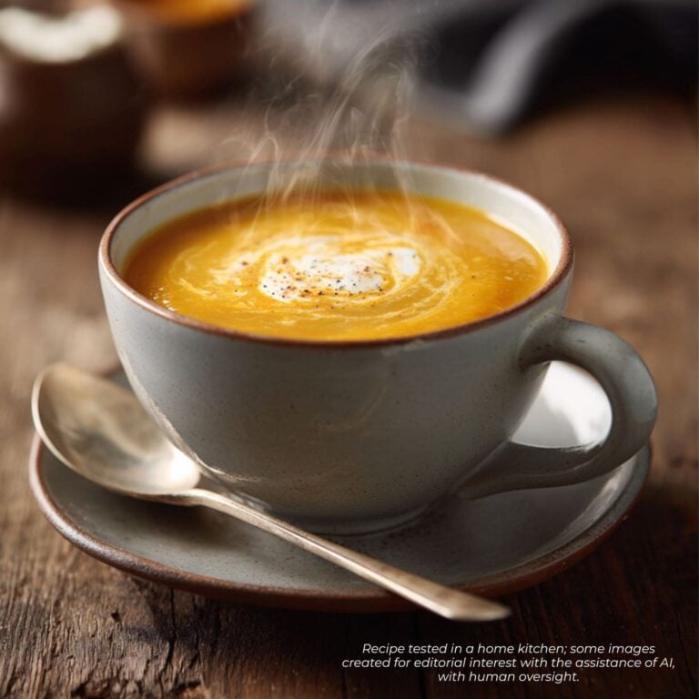 Warm bowl of creamy pumpkin soup topped with herbs and a swirl of cream