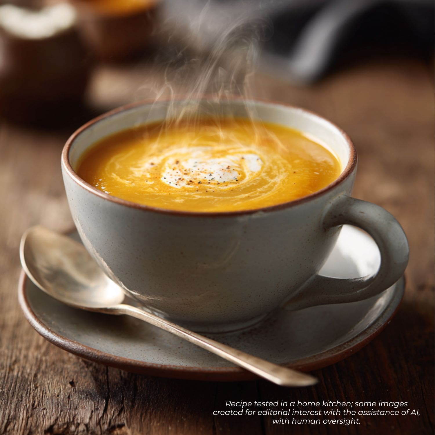 Warm bowl of creamy pumpkin soup topped with herbs and a swirl of cream