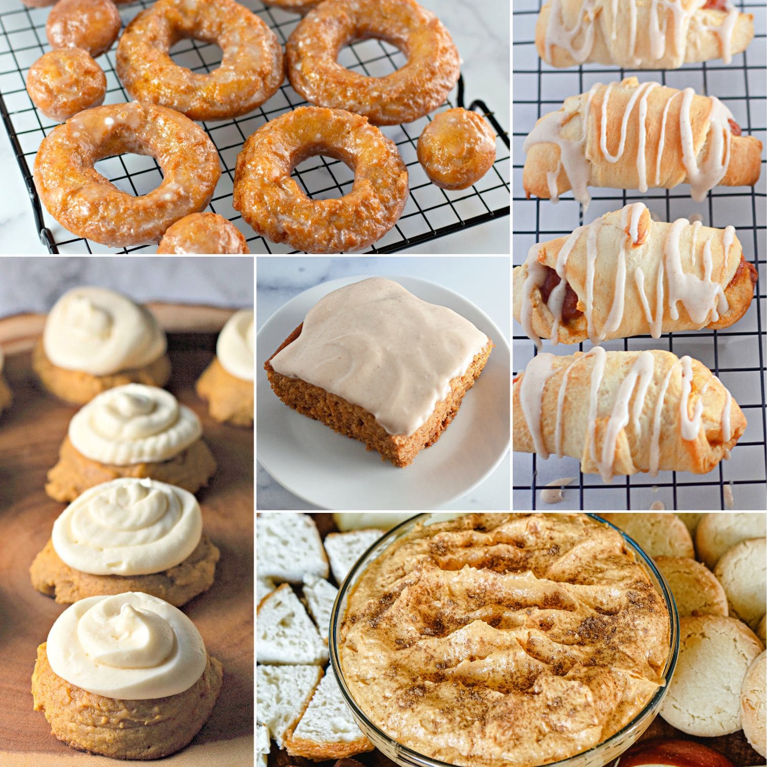 A collage of pumpkin desserts, drinks, and baked goods styled for fall.