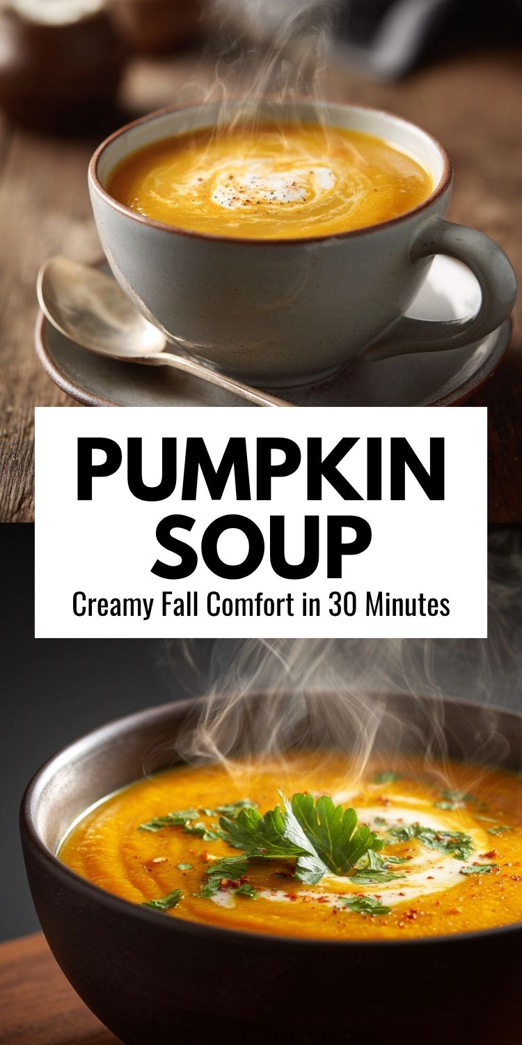 Steaming bowl of healthy pumpkin soup with herbs, cream, and a rustic fall setting
