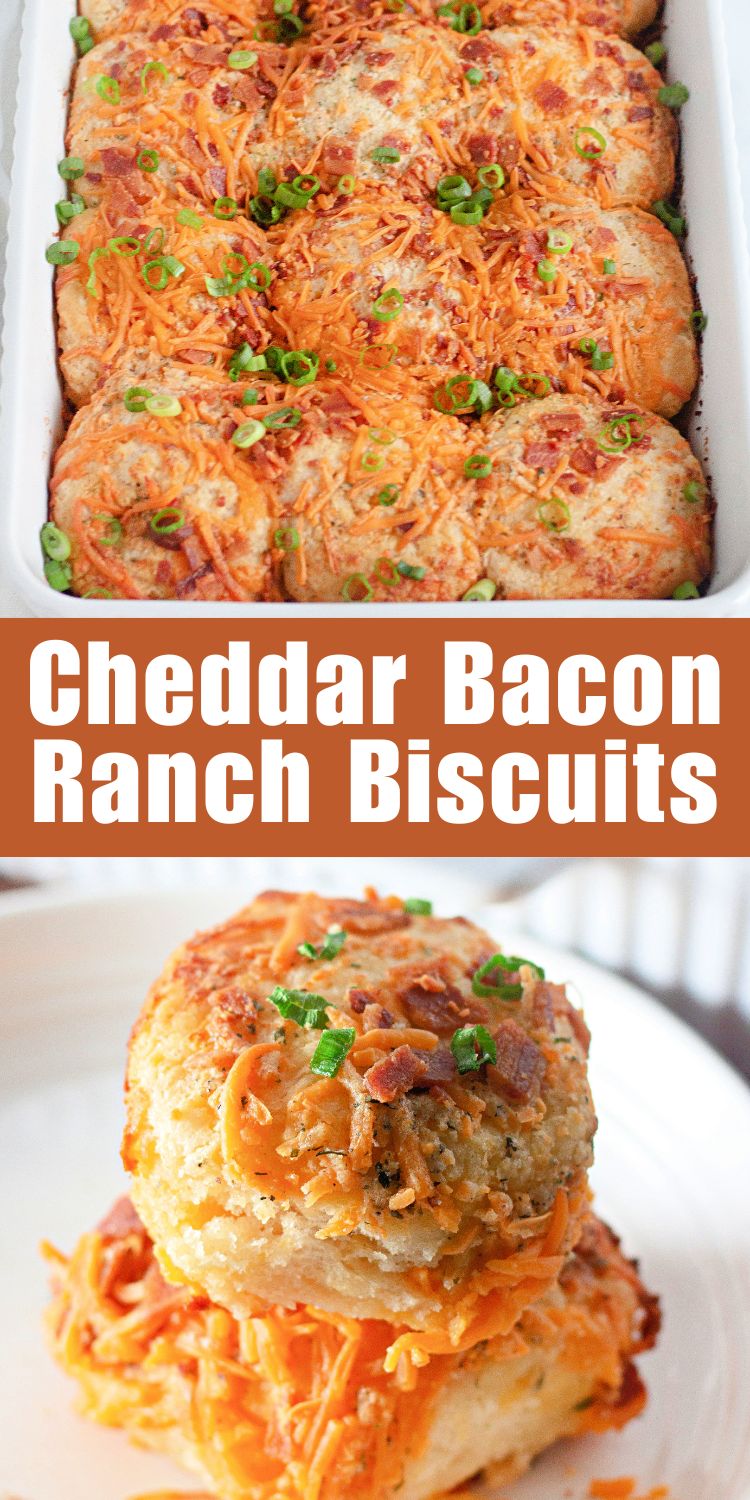 Golden cheddar bacon ranch biscuits with green onions in a baking dish.
