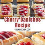 Golden puff pastry cherry danishes topped with cream cheese filling and cherry pie filling.