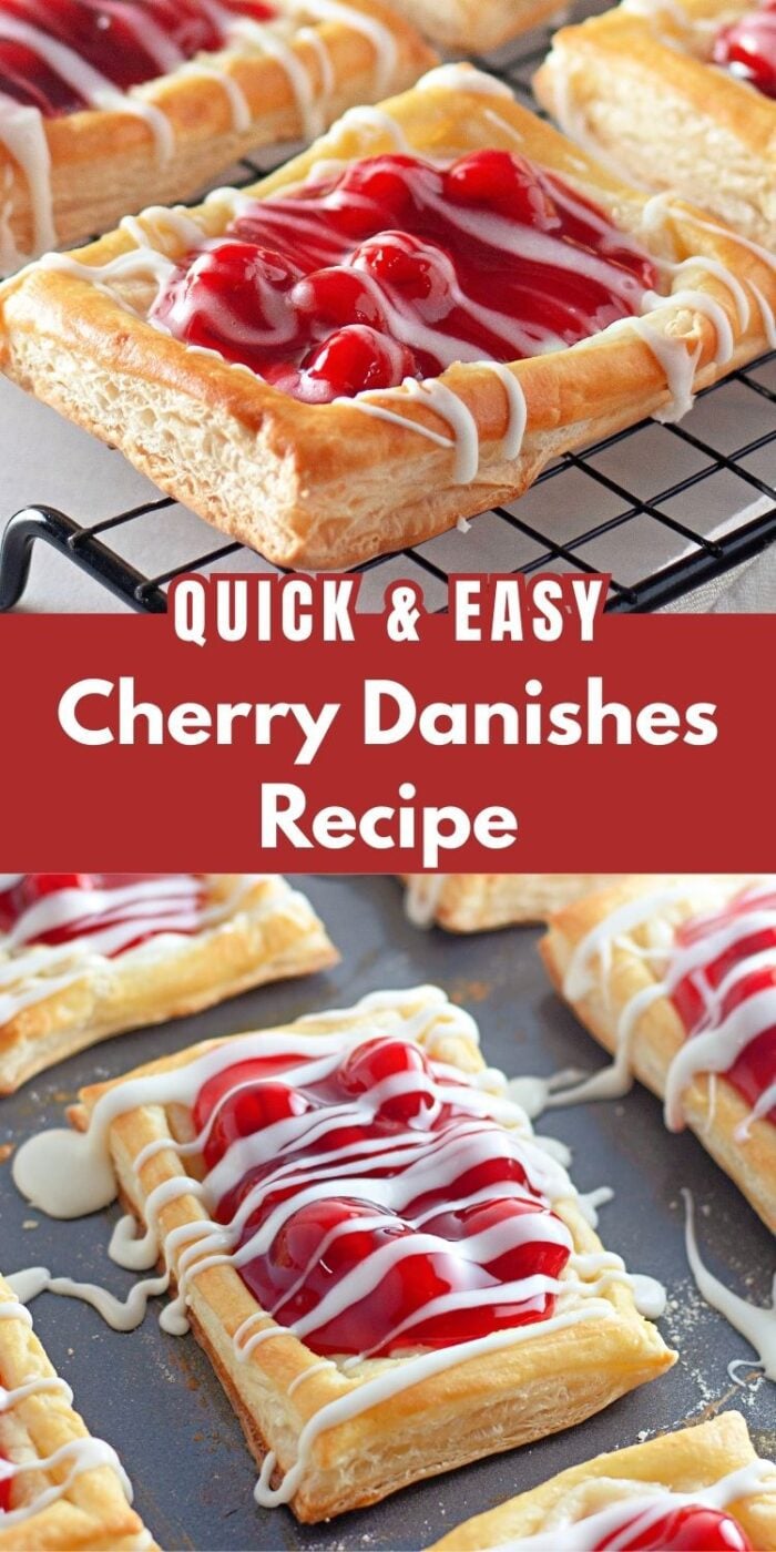 Homemade puff pastry cherry danishes with white icing drizzle.