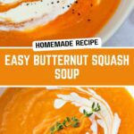 Creamy butternut soup in a white bowl with swirl of cream and fresh thyme.