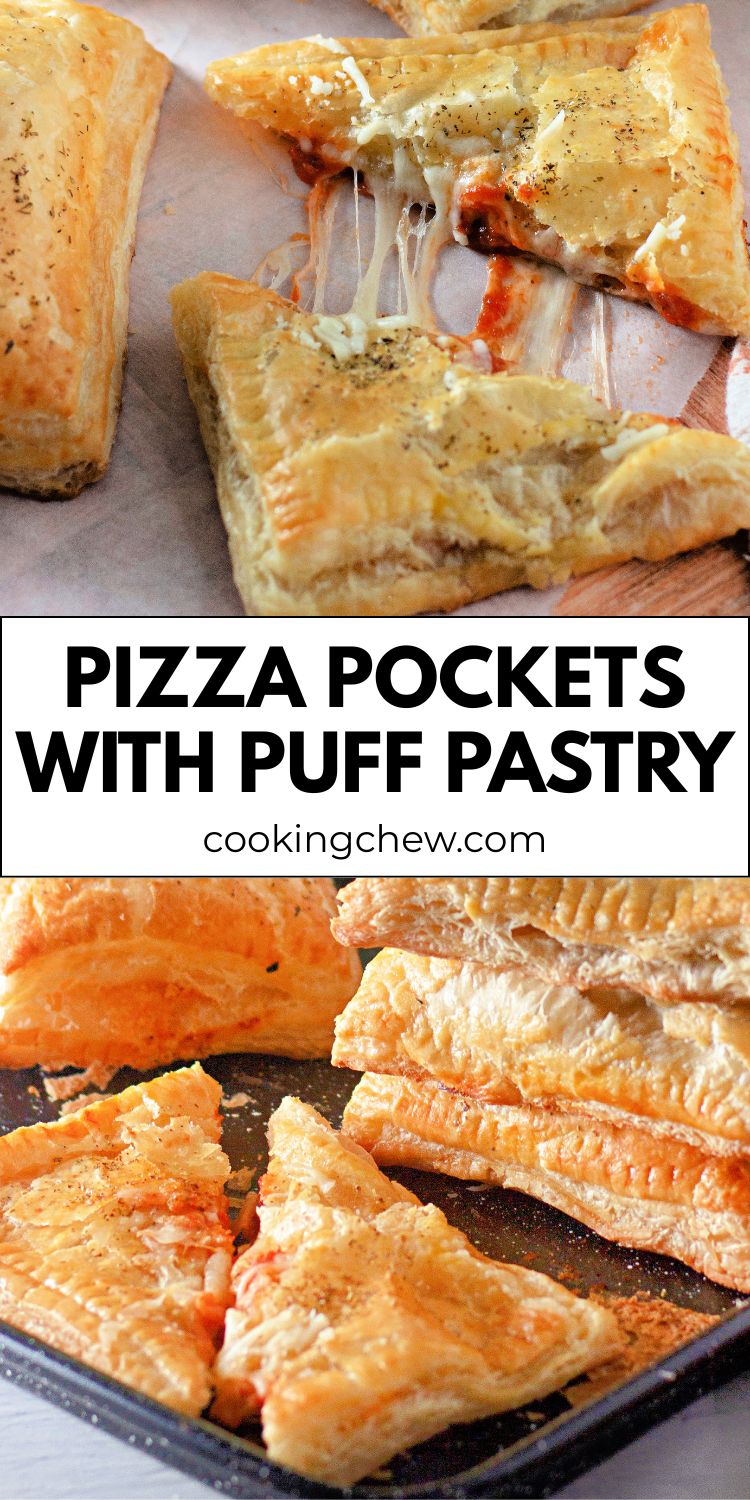 Golden pizza pockets cut open to reveal melty cheese and pepperoni.