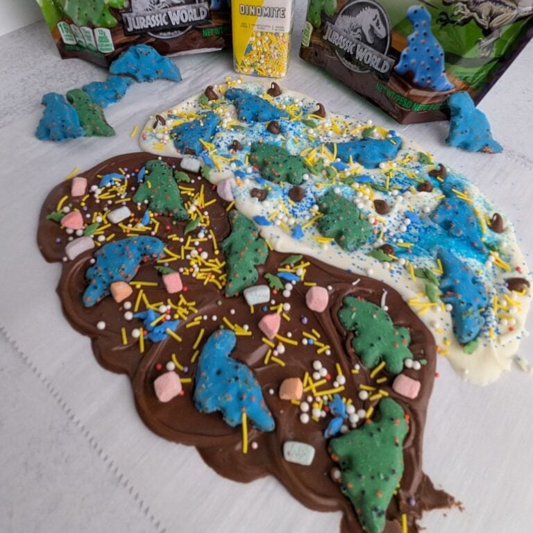 Dinosaur candy bark with Mother’s Cookies and colorful sprinkles on display.