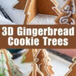 Gingerbread tree cookies standing upright on powdered sugar snow.
