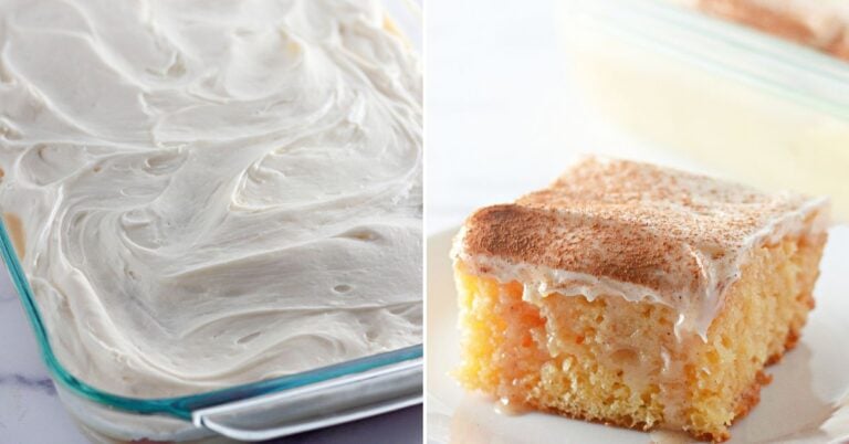 Cinnamon roll inspired cake with frosting and cinnamon topping.