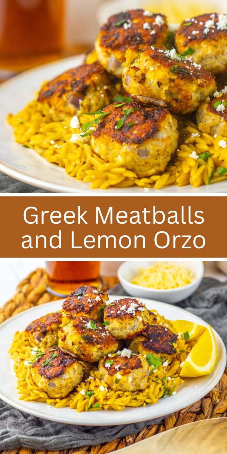 Close-up of golden brown Greek chicken meatballs served over lemon orzo pasta with feta and parsley.