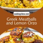 Plate of chicken meatballs with creamy lemon orzo, garnished with parsley and lemon wedges.