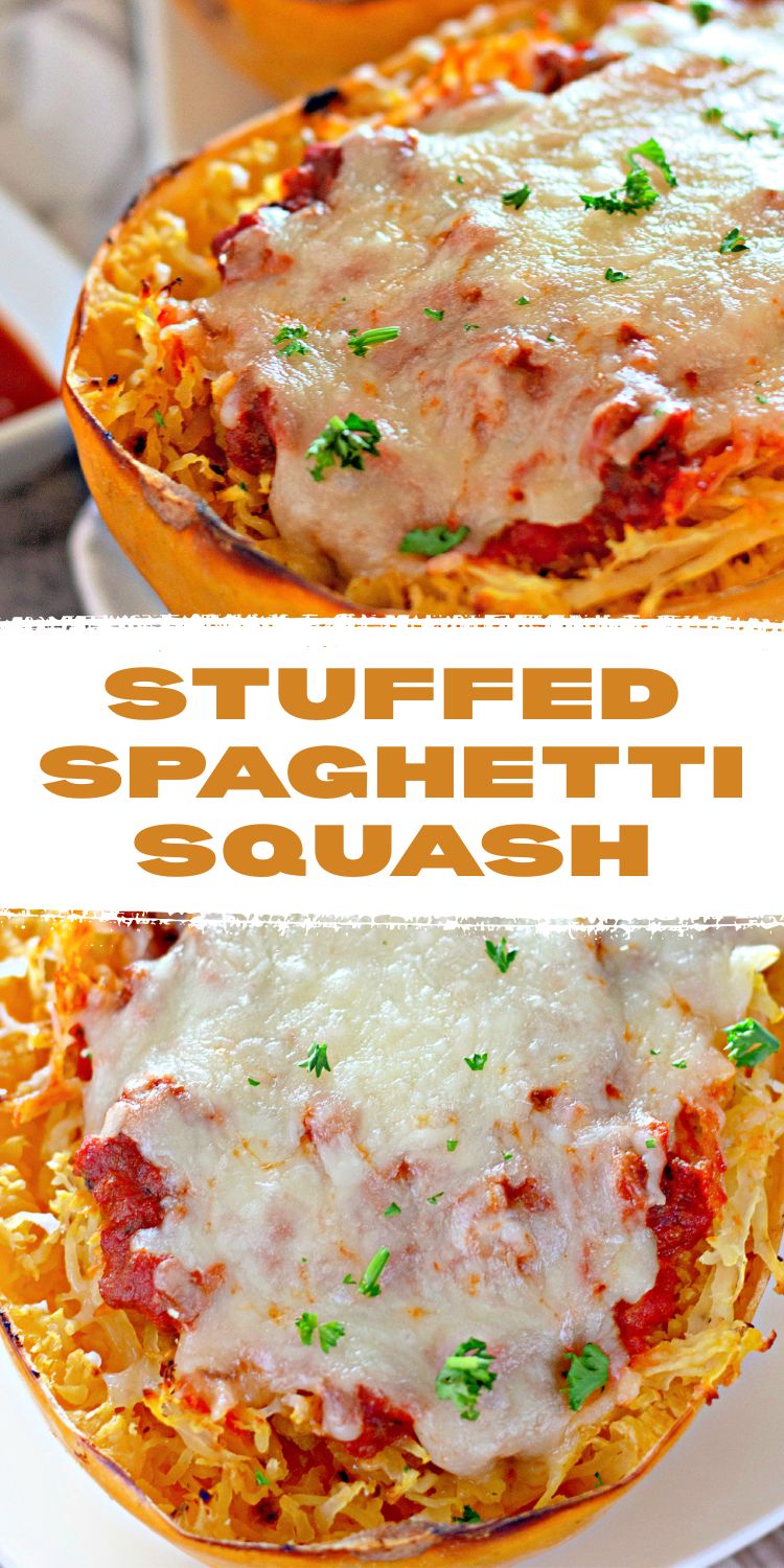 Stuffed spaghetti squash boat topped with melted cheese