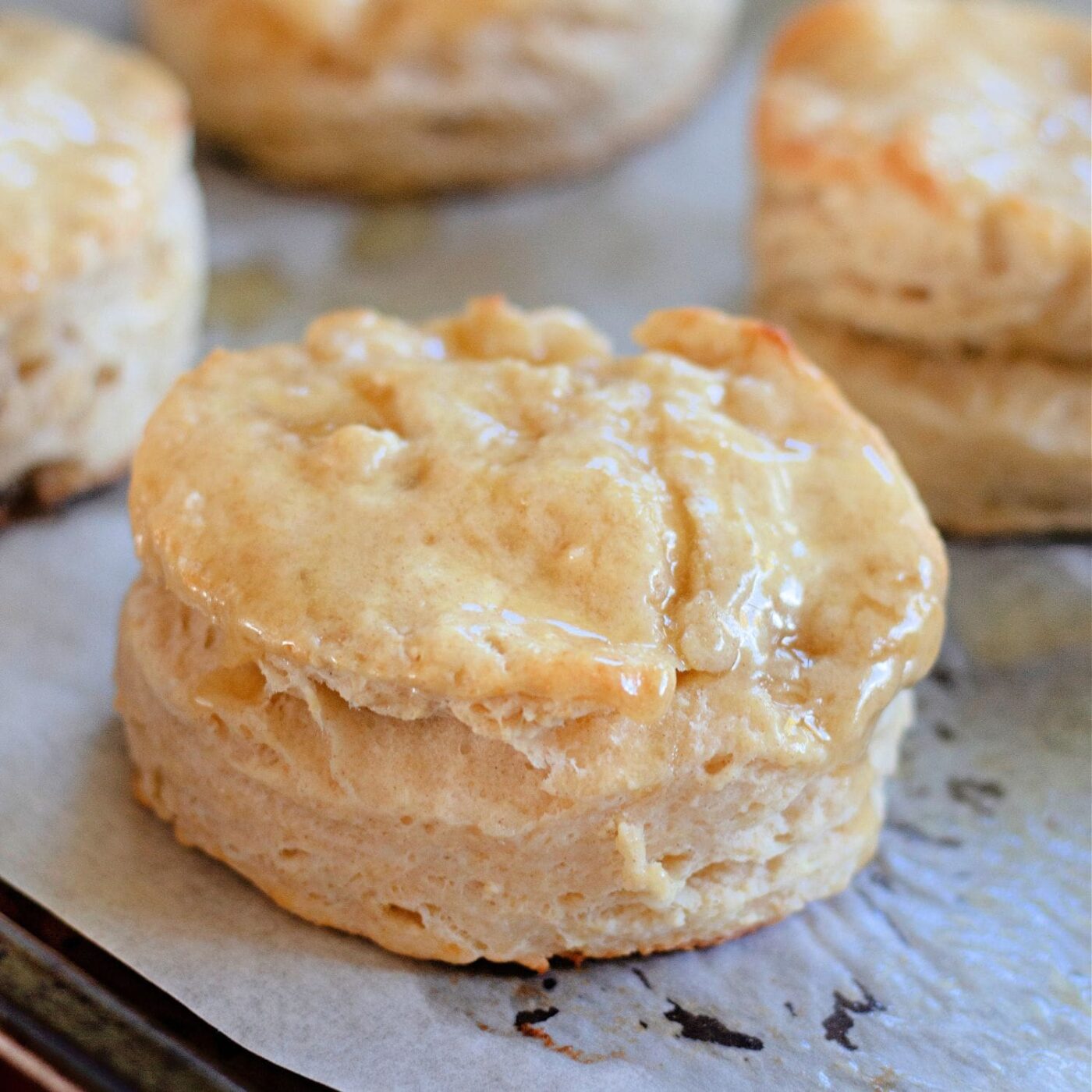 Hero shot of golden honey butter biscuits cooling on parchment.