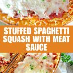 Baked spaghetti squash half with meat and cheese filling
