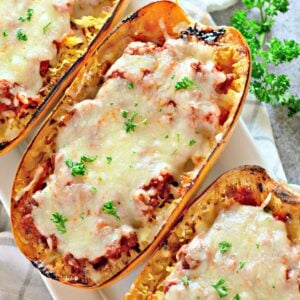 Simple recipe card showing stuffed spaghetti squash