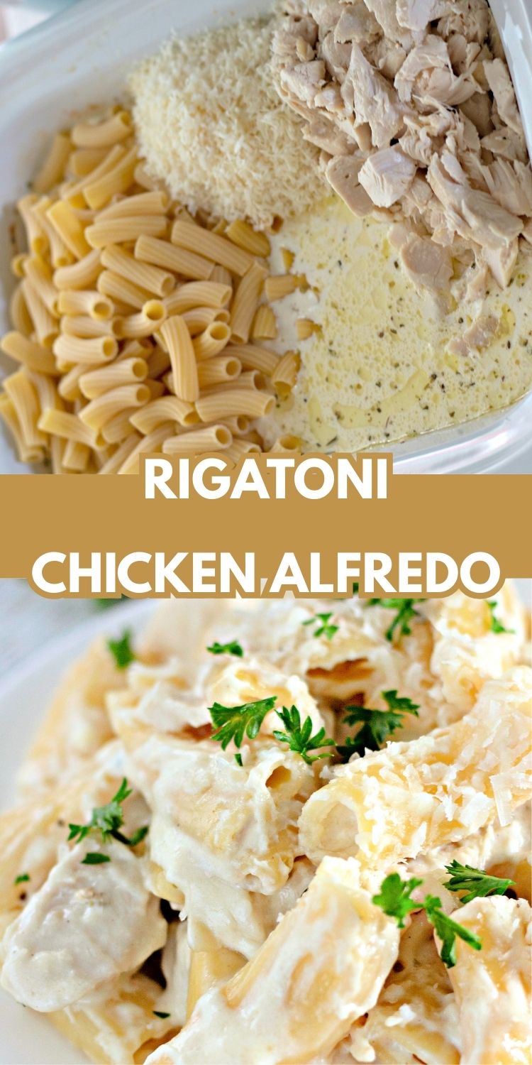 Creamy rigatoni chicken Alfredo casserole topped with Parmesan cheese.