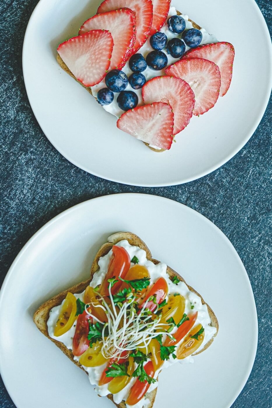 Toast topped with cottage cheese, tomatoes, and herbs.