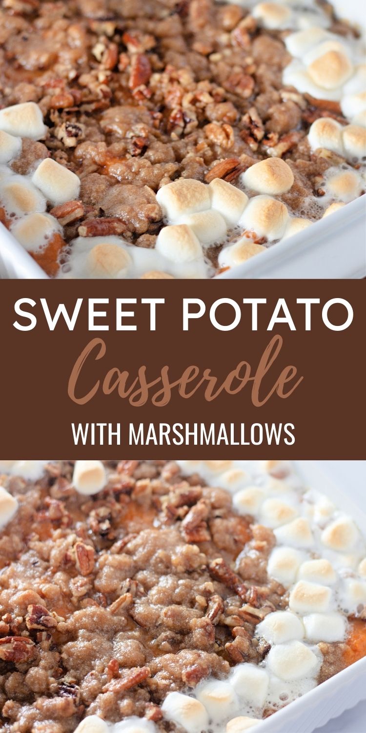 Baked sweet potato casserole topped with golden marshmallows in a white dish.
