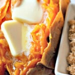 Steamed sweet potato from the Instant Pot, with pats of butter next a dish of brown sugar