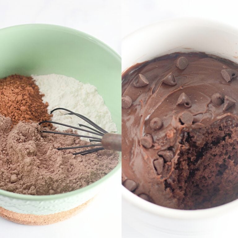 Split image with dry cake mix on the left and prepared chocolate mug cake on the right