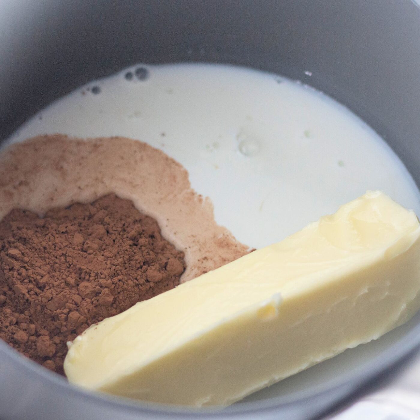Whisk butter, cocoa powder, milk and powdered sugar on medium heat until smooth.