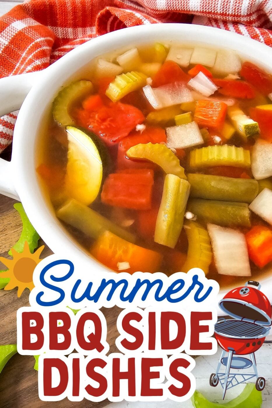 A bowl of vibrant, light crockpot summer vegetable soup with visible chunks of vegetables and herbs.