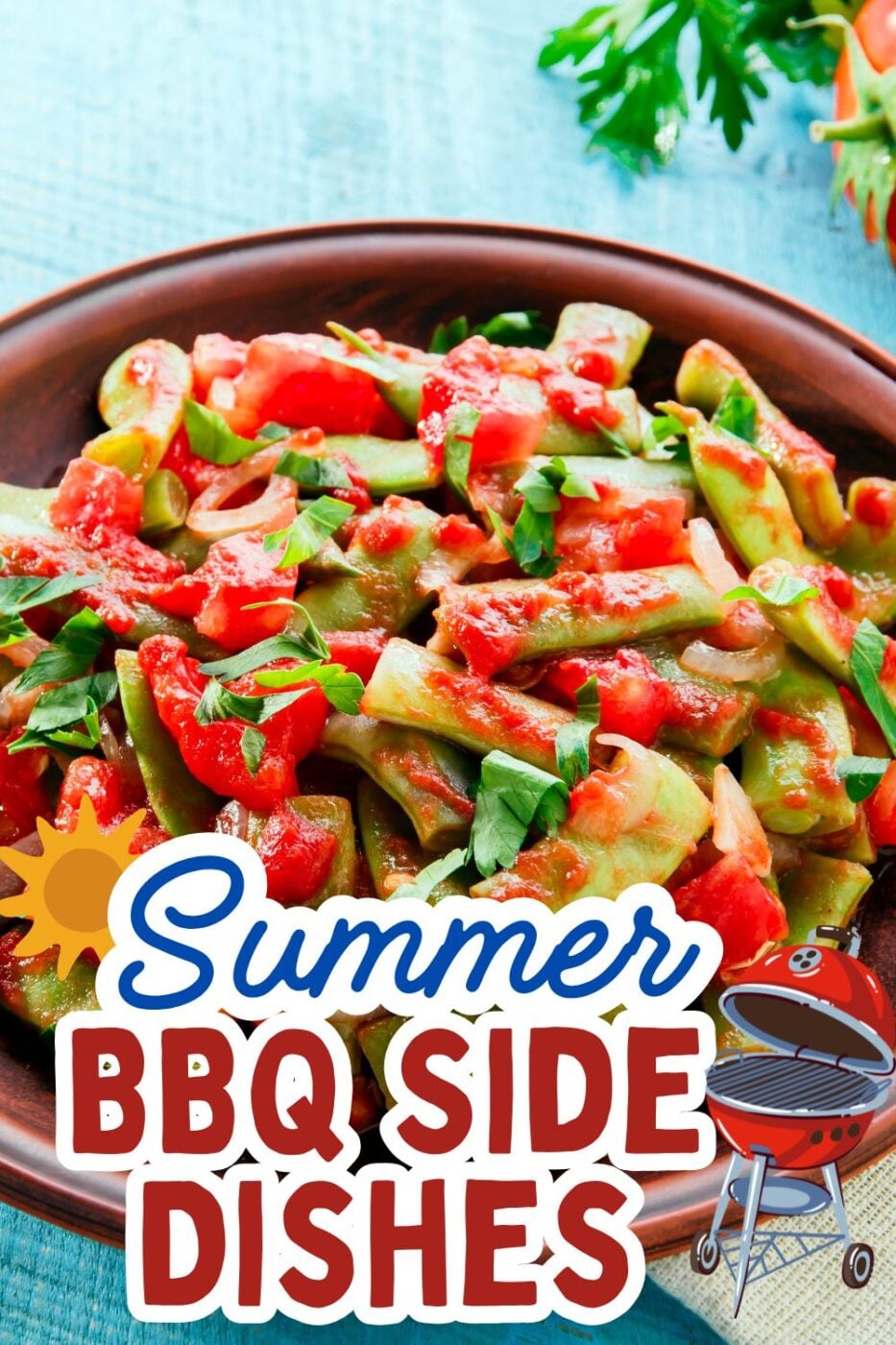 A vibrant bowl of green beans mixed with cooked tomatoes.