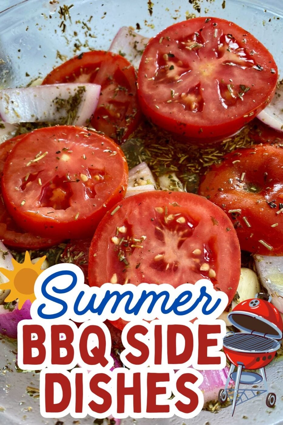 A vibrant bowl of marinated tomatoes with fresh herbs, ready to be served.